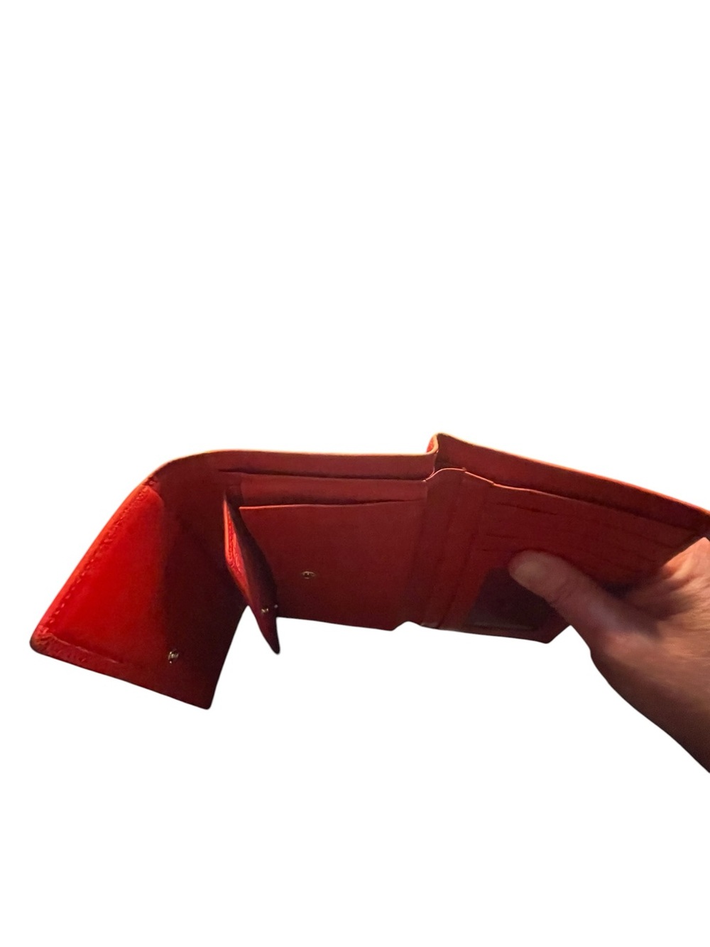 Authentic Vintage MCM Red Pebbled Leather Studded Trifold Wallet – Gold Hardware - Picture 8 of 9